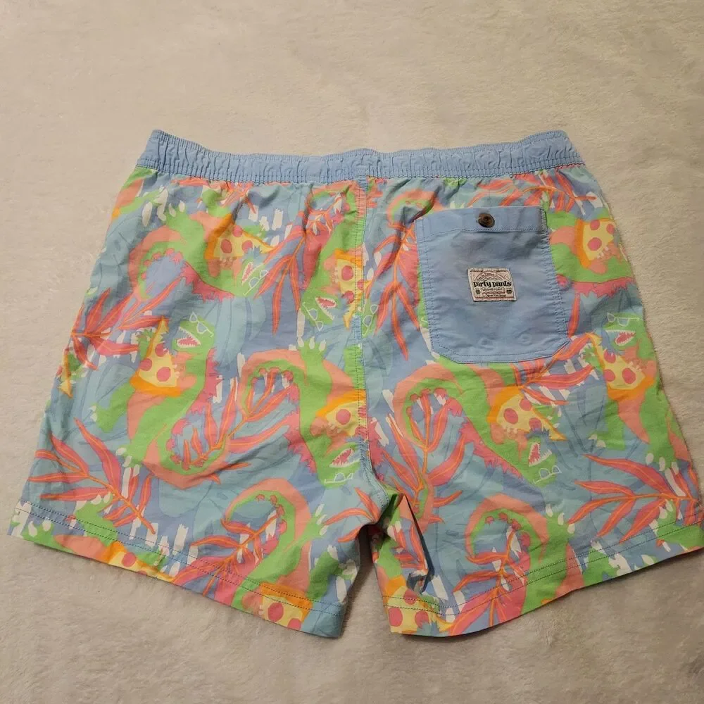 Party Pants Dino Munchies Swim Trunks Blue Pink Men's Size XL EUC